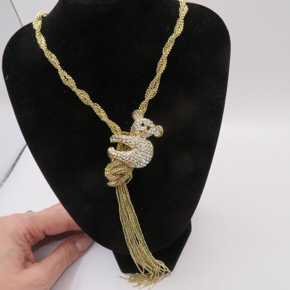 Gold Tone Tassel Rhinestone Koala Bear Necklace - Picture 1 of 14